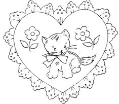 a heart shaped frame with a cat and flowers in the shape of a heart on it