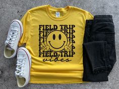 Farm Field Trip Outfit, Field Trip Shirt Ideas, Field Trip Shirts For Teachers, Yellow Letter Print T-shirt For Fan Merchandise, School Zoo Field Trip Shirts, Field Trip Tshirt, Yellow Graphic Print T-shirt For Fans, Field Trip Anyone Shirt, Yellow Letter Print Band Merch T-shirt