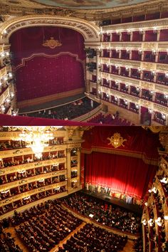 an auditorium filled with lots of people and red curtains