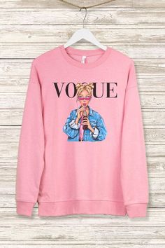 Vogue Girl Sweatshirt spun from plush sponge fleece fabric. Relaxed fit. 60% Cotton // 40% Polyester Trendy Fleece Top With Graphic Print, Pink Long Sleeve French Terry Sweatshirt, Trendy French Terry Tops For Winter, Trendy Pink Fleece Sweatshirt, Trendy Pink Fleece Sweater, Trendy Fleece Tops For Loungewear, Pink Fleece Tops With Graphic Print, Trendy Long Sleeve Fleece Tops, Trendy Fleece Top For Spring