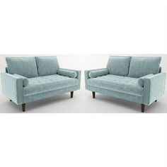 two blue couches sitting next to each other