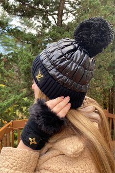 Black sheen quilted beanie. Inspired with a Louis Vuitton patch with gold lettering. 60% Polyester / 40% Acrylic. Warm and comfy! Perfect for rainy days. With or without LV inspired detail. With or without gloves. Casual Nylon Winter Hat, Louis Vuitton Inspired, Lv Inspired, Hat Fabric, Gold Lettering, Clothes Crafts, North Dakota, Rainy Days, Leather Glove