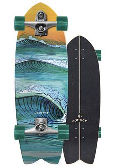 a skateboard with an image of a wave on the front and back wheels, against a white background