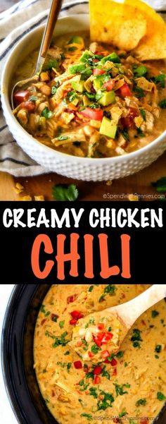 creamy chicken chili in a bowl with tortilla chips on the side and an image of