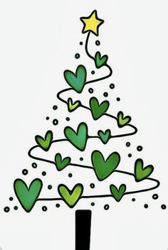 a drawing of a christmas tree with hearts on it