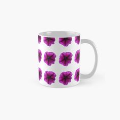 a purple flower pattern on a white background classic coffee mug with pink flowers all over it