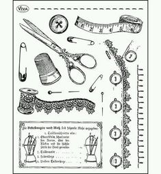 an old fashioned sewing pattern with scissors and other items