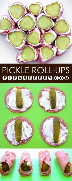 pickle roll ups with cream cheese and pickles in the middle, on top of each other