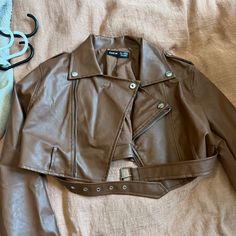 Brand New Never Worn Super Cute For Spring Layering Cropped Suede Jacket, Fitted Cropped Brown Outerwear, Brown Cropped Outerwear For Spring, Spring Layering, Shein Jackets, Spring Layers, Brown Jacket, Leather Jackets, Layering