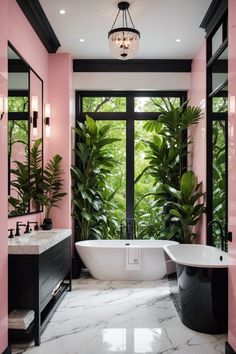 a bathroom with pink walls and black trim, white bathtub in the center surrounded by potted plants