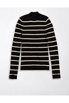 Ribbed sweater knit/Mock neck/Stripes Striped Fitted Top With Ribbed Cuffs, Fitted Striped Tops With Ribbed Cuffs, Fitted Striped Top With Ribbed Cuffs, Classic Striped Sweater With Ribbed Collar, Black Winter Top With Striped Collar, Fall Black Sweater With Striped Collar, Black Top With Striped Collar For Winter, Stretch Striped Ribbed Sweater, Winter Black Top With Striped Collar