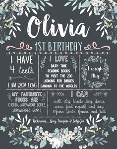 a chalkboard birthday party poster with flowers and greenery