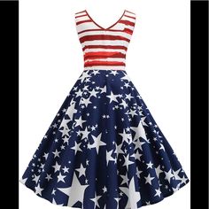 Great For 4th Of July 65% Polyester 35% Cotton Sleeveless V Neck Side Zip See Size Guide Pb #8 Sleeveless Star Print Spring Dress, Casual Blue Dress For 4th Of July, Patriotic Sleeveless Dress For Spring, Patriotic Sleeveless Spring Dresses, Patriotic Blue Sleeveless Dress, Fitted Sleeveless Dress For 4th Of July, Strips Dress, Stripped Dress, July 4th