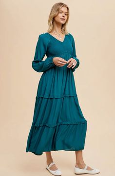 Long sleeve maxi dress with a smocked stretchy bodice, stretchy waistband, v-neckline, elastic wristband and ruffle detailing.

Self 100% Viscose, Lining 100% Polyester

Hand wash in cold.

Aprox. measurements in inches:

S:Length-52 |Bust-29 |Waist-27

M:Length-52 |Bust-31 |Waist-29

L:Length-52 |Bust-34 |Waist-31

modest dresses, modest dress, modest midi, modest maxi, modest fashion, modest trendy dresses, modest boutique, modest attire, modest clothing, modest tops, modest skirts, modest shop

#modesty #modestclothing #modeststyle #modestwear #modestfashionblogger #modestootd #womenswear #dressesforwomen #dresses #modestymatters Nursing Friendly Dress, Modest Maxi Dress, Conservative Fashion, Modest Maxi, Modest Tops, Modest Skirts, Tiered Midi Dress, Nursing Dress, Sleeve Maxi Dress