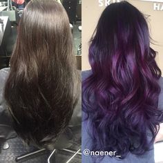 Before and after: box colored BLACK hair to deep purple balayage . Hair by Nancy Vo | Yelp Dyed Hair Purple, Crazy Color, Temporary Hair Dye, Hair Dyes, Ombré Hair, Hair Color And Cut, Hair Color Dark