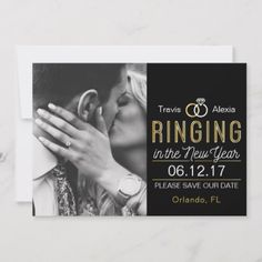 a black and white photo save the date card