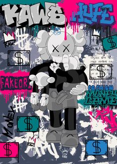 an image of a cartoon character with graffiti on the wall behind him and words above it that say kaws