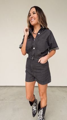 Button-front washed black denim romper Cuffed sleeves Nursing friendly Pockets at chest, sides and back Elastic waistline with belt loops Pair with a bootie, flat sandals, or add a belt and western-style boot for concerts Runs true to size. Elizabeth and Lauren shown wearing the size small Black Denim Romper, Western Style Boots, Nursing Friendly, Denim Romper, One Piece For Women, Black Button, Western Style, Cuff Sleeves, Flat Sandals