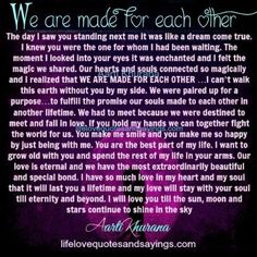 a poem written in purple and black with the words we are made for each other