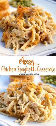 cheesy chicken spaghetti casserole on a white plate