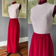 1960s Lux column gown in metallic Lurex silver and rich burgundy velvet. A column skirt fixed to a fitted top, with the back  split open for a bit of a gaping effect. Sleeveless, simple, elegant. Beautifully handmade, the skirt is fully lined. Nylon zipper closes the back seam, with a hook at the waist and back neck. Condition: excellent vintage condition. Labels/tags: none Measurements:  -bust 34"  -waist up to 25"  -overall length 53" *To ensure a great fit, we recommend comparing the measurements above to a similar garment you own and love to wear, as sizing varies across the decades.  *If ordering more than one item, I will adjust shipping costs and refund the difference as shipping has been added into my pricing.  *All of my pieces are vintage and may have some wear. I will show or me Column Skirt, Velvet Maxi Dress, Velvet Maxi, Rich Burgundy, Burgundy Velvet, Column Gown, Fitted Top, Simple Elegant, Dress Clothes For Women