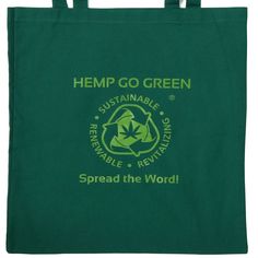 Save The Planet One Bag At a Time!™ Sturdy and affordable! Made from strong but light-weight, 100% hemp canvas. This 8 ounce hemp canvas tote bag feels kinda similar to your typical cotton tote bag material, but it's sooo much stronger! Hemp is the finest, strongest, most sustainable, natural fiber fabric in the world. Printed on one side with our Hemp Go Green® logo so you can help make a statement about why the world needs more hemp products. (Amongst other benefits, hemp is renewable, sustainable, and revitalizing!) This hemp tote makes an excellent book bag or market bag. The straps are long enough to conveniently throw over your shoulder for every day carry to work, school, or shopping. In our experience this light-weight hemp canvas tote bag easily replaces two plastic grocery bags, Practical Green Cotton Bag, Practical Green Cotton Bags, Green Eco-friendly Tote Canvas Bag, Green Eco-friendly Canvas Tote Bag, Green Tote Bag With Eco-friendly Ink, Eco-friendly Green Canvas Bag, Eco-friendly Cotton Bags, Green Eco-friendly Canvas Bag, Eco-friendly Recyclable Cotton Canvas Bag