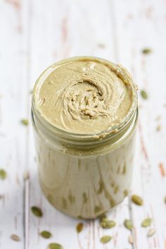 homemade sunflower pumpkin seed butter in a glass jar