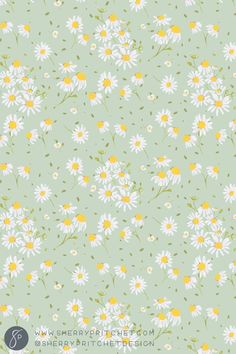 a green background with white daisies and yellow centers