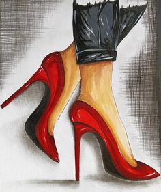 a painting of a pair of red high heeled shoes with black gloves on them