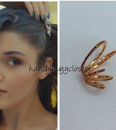 Eda Yildiz Ear Cuff, Hande Ercel Ear Piercing, Eda Yildiz Earrings, Eda Outfits, Black Tiara, Fashion Design Books, Gold Bridal Jewellery Sets, Antique Bridal Jewelry, Turkish Fashion