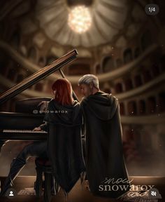 a man and woman sitting at a piano