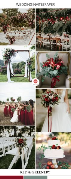 a collage of wedding photos with red and green flowers