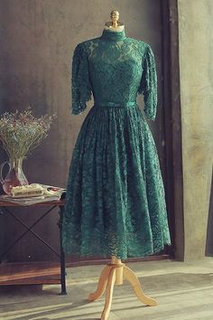 High Neck Half Sleeves Green Lace Prom Dress, Green Lace Formal Graduation Homecoming Dress Green Lace Prom Dress, Homecoming Dresses Green, Party Dress Green, Wedding Dress Shapes, Prom Dress Green, School Dress, Short Party Dress, Lace Prom Dress, Lace Homecoming Dresses