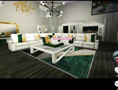 a living room filled with white couches and green pillows