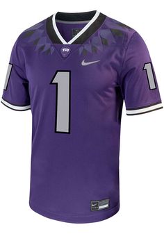 Get a piece of the Horned Frogs Horned Frogs action with this TCU Horned Frogs Purple Replica Game Football Jersey. You'll look like one of the team as you wear this Jersey to support your Horned Frogs. With a screen print team wordmark and number on front with number on back, this Football Jersey makes a great addition to any Horned Frogs fan's closet. Dri-FIT knit pique body fabric to keep you cool and comfortable, Screen-print front and back numbers, Stitched down team logo patch at center fr Tcu Football, Tcu Horned Frogs, Horned Frogs, Frog T Shirts, Jersey Design, Football Games, Soccer Jersey, Football Jerseys, Team Logo