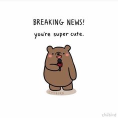 a cartoon bear holding a microphone with the caption breaking news you're super cute