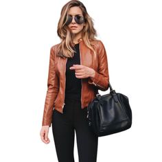 Cocoa Chic Women Dark Brown Jacket Zipper Outfit, Outfits Sleeveless, Autumn Streetwear, Female Jacket, Women Bike, Ladies Coat, Slim Fit Coat, Coat Autumn, Slim Suit