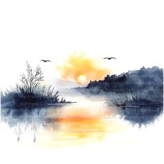 a watercolor painting of a lake with birds flying in the sky and trees at sunset