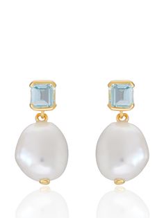 The Bella pearl earrings feature baroque pearl and step cut 'something blue' topaz, a staple in V jewellery and a nod to our Art Deco inspiration. The perfect bridal earrings that re-imagine classic vintage designs through a contemporary lens and can be worn effortlessly on your big day and beyond Made from 18 carat gold vermeil and set with a step cut blue topaz stone and baroque pearl. Please note as these earrings contain natural baroque pearls, the shape may differ slightly to those shown in the images provided. Height: Approx. 18mm. Width: Approx 8.5mm. Material: 18ct Gold Vermeil. Stone type and amount: Baroque Pearl & Blue Topaz. Something Blue Earrings, Art Deco Inspiration, Blue Topaz Stone, Gold And Blue, Spring Makeup, Step Cut, Topaz Stone, Something Blue, Blue Earrings