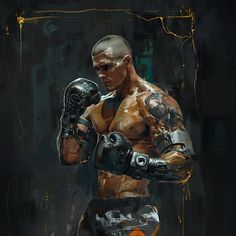 a painting of a man wearing boxing gloves and holding a punching mitt in his right hand