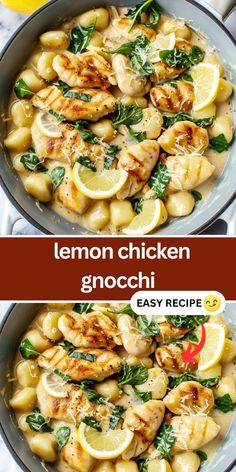 lemon chicken gnocchi in a skillet with spinach and lemon wedges