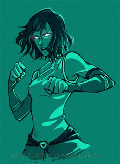 a drawing of a woman in green shirt and black shorts with her hand on her hip