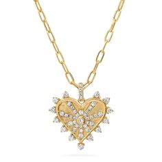 14k Yellow Gold  0.79ct Genuine Diamond  17inch paperclip chain  BR-N092 Dangling off an adjustable paperclip chain, this magnificent charm medallion features .73ct white diamonds set in a starburst heart setting. This 'heart on fire design' captivates the eternal strength and power of love. Exploding with passion, this heart burst represents an open heart welcoming love. Wear it as a medallion necklace or add to your necklace layer set by adjusting the length. Fire Necklace, Fire Design, Diamond Tennis Necklace, Power Of Love, Gold Sign, Medallion Necklace, Diamond Charm, Fire Heart, Open Heart