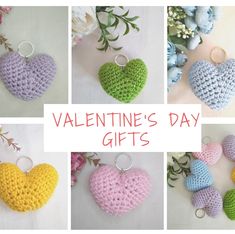 valentine's day gifts with crocheted heart keychains and flowers in the background