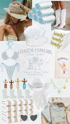 a collage of different items including hats, beach towels and other things that are on display