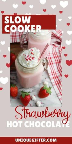 strawberry hot chocolate in a jar with whipped cream and sprinkles on top