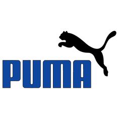 the puma logo is shown in black and blue, with an image of a cat leaping