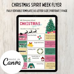 the christmas spirit week flyer is displayed on an ipad