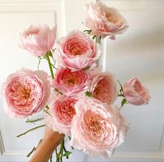 a person holding a bunch of pink flowers in their hand with white wall behind them