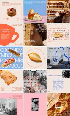 the collage shows different types of food and drink items, including breads, pastries